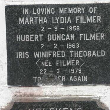 FILMER Hubert Duncan -1963 &amp; Martha Lydia -1958 :: THEOBALD Iris Winifred nee FILMER -1979