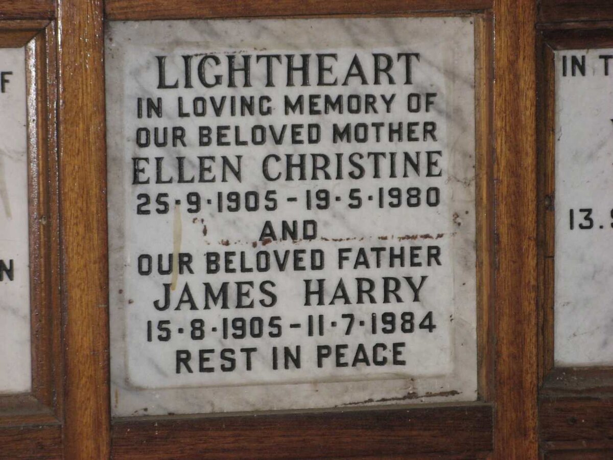 LIGHTHEART James Harry 1905-1984 &amp; Ellen Christine 1905-1980