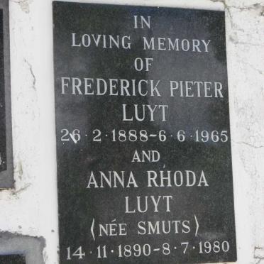 LUYT Frederick Pieter 1888-1965 &amp; Anna Rhoda SMUTS 1890-1980