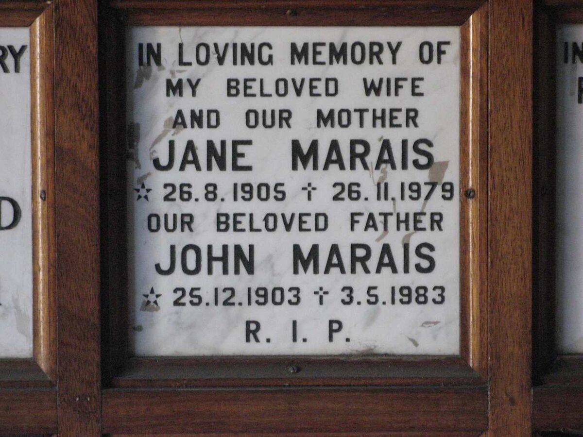 MARAIS John 1903-1983 &amp; Jane 1905-1979