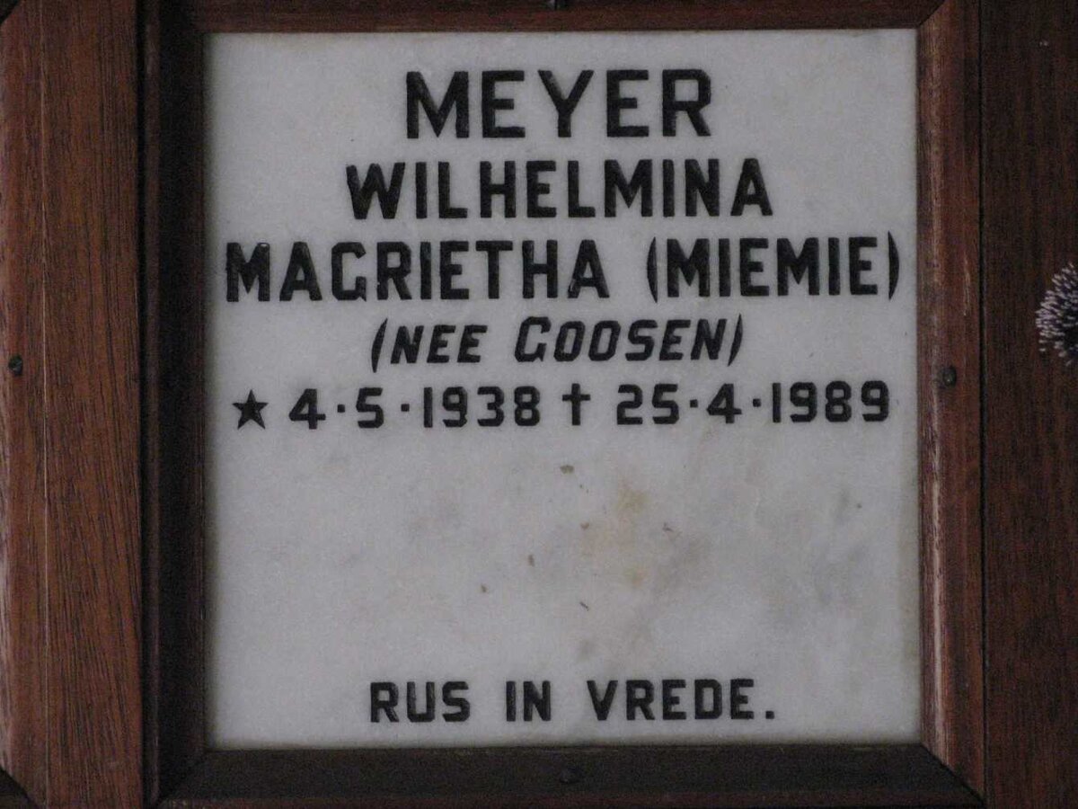 MEYER Wilhelmina Magrietha nee GOOSEN 1938-1969