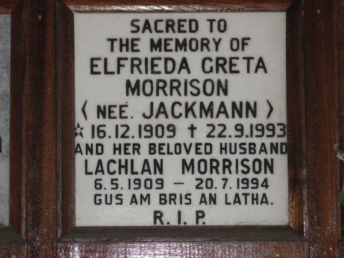 MORRISON Lachlan 1909-1994 &amp; Elfrieda Greta JACKMANN 1909-1993