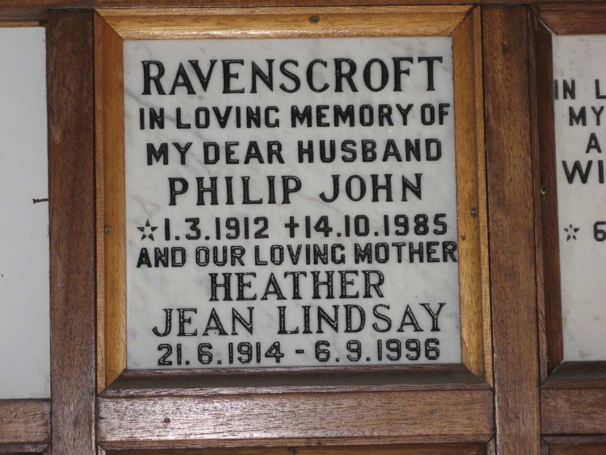 RAVENSCROFT Philip John 1912-1985 &amp; Heather Jean LINDSAY 1914-1996