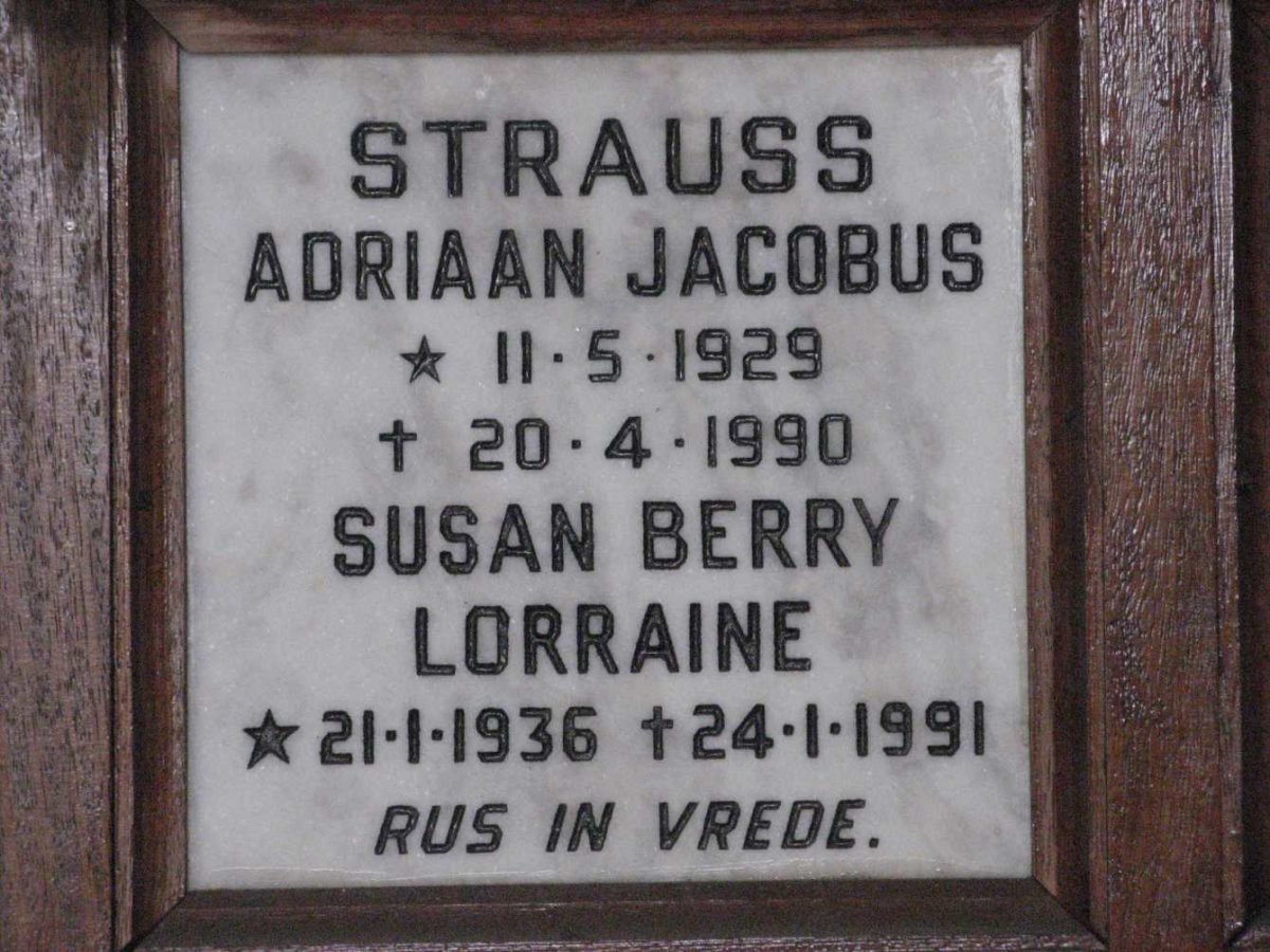 STRAUSS Adriaan Jacobus 1929-1990 &amp; Susan Berry Lorraine 1936-1991