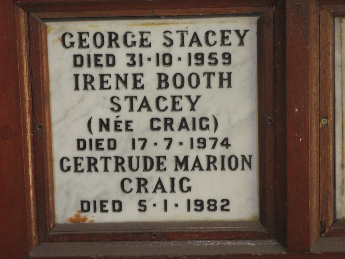 STACEY George -1959 &amp; Irene BOOTH nee CRAIG -1974 :: CRAIG Gertrude Marion -1982
