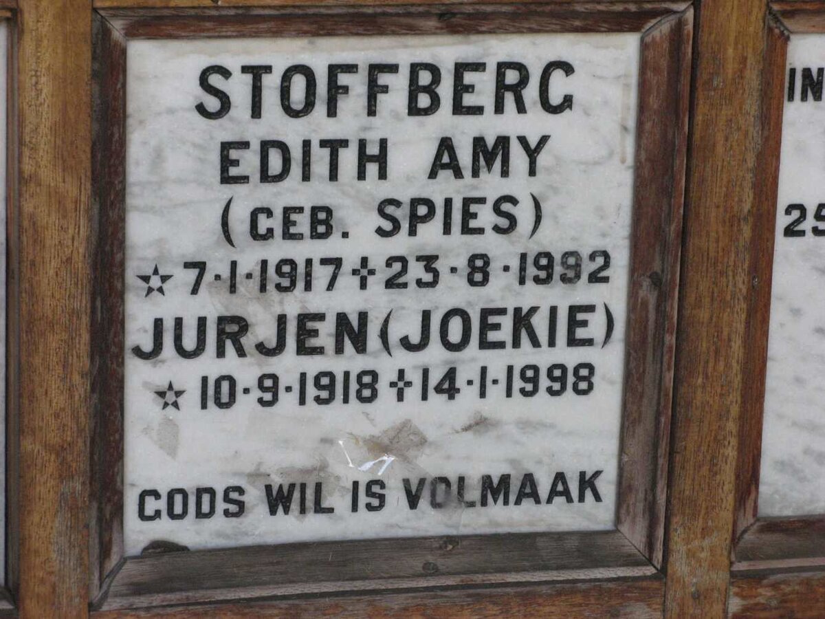 STOFFBERG Jurjen 1918-1998 &amp; Edith Amy SPIES 1917-1992