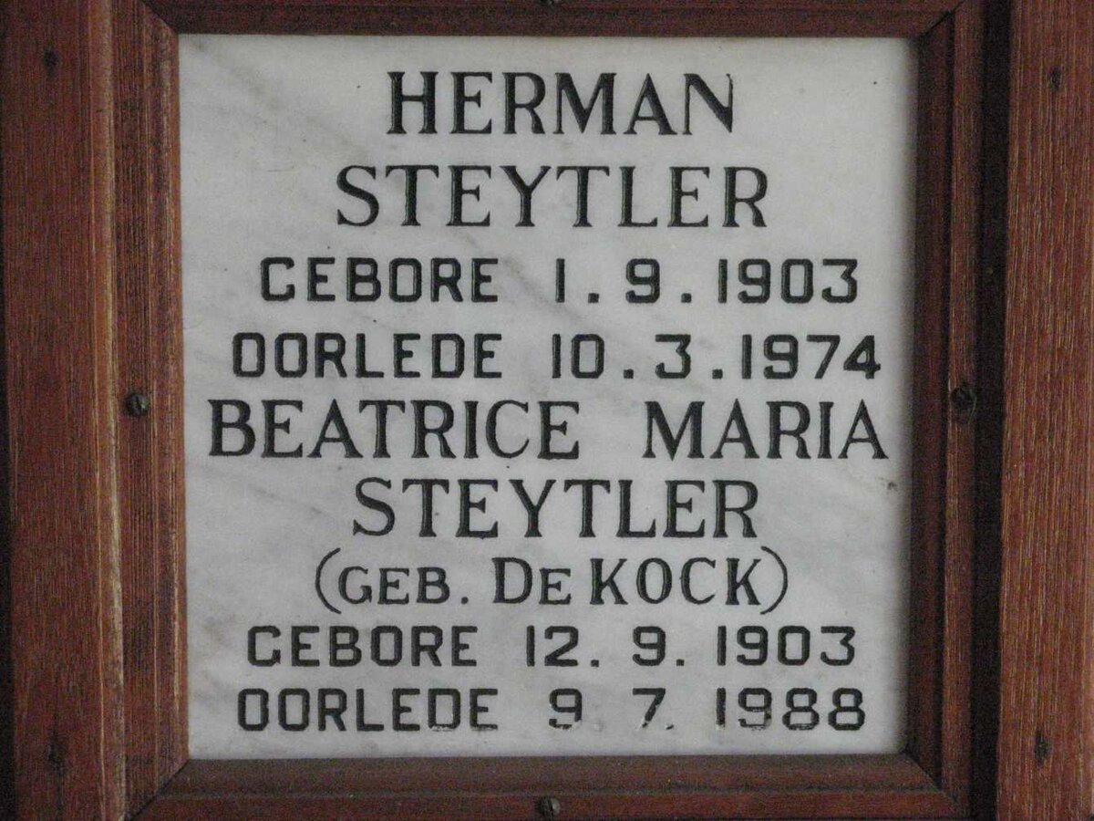 STEYTLER Herman 1903-1974 &amp; Beatrice Maria DE KOCK 1903-1988