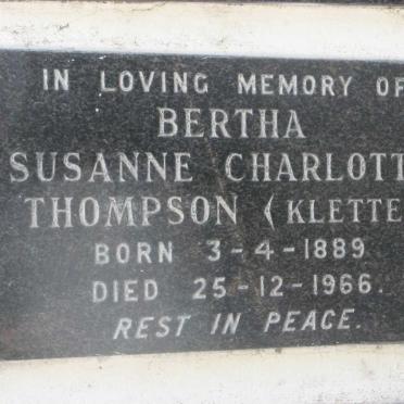 THOMPSON Bertha Susanne Charlotte nee KLETTE 1889-1966