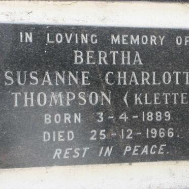 THOMPSON Bertha Susanne Charlotte nee KLETTE 1889-1966