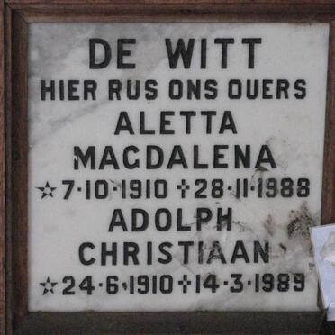 WITT Adolph Christiaan, de 1910-1989 &amp; Aletta Magdalena 1910-1988