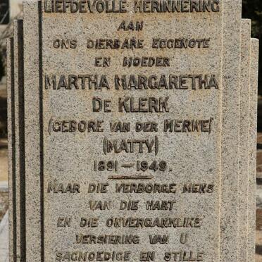KLERK Martha Margaretha, de nee VAN DER MERWE 1891-1949