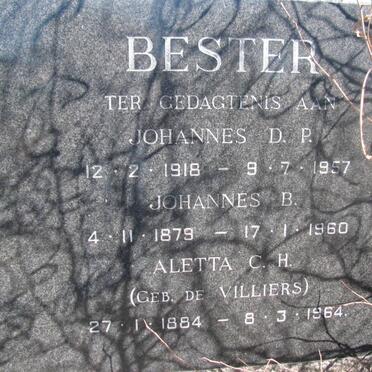 BESTER Johannes B. 1879-1960 &amp; Aletta C.H. DE VILLIERS 1884-1964 :: BESTER Johannes D.P. 1918-1957