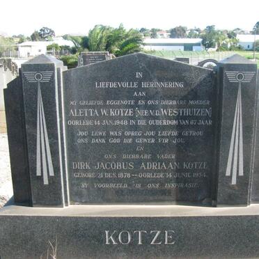 KOTZE Dirk Jacobus Adriaan 1878-1954 &amp; Aletta W. V.D. WESTHUIZEN -1948