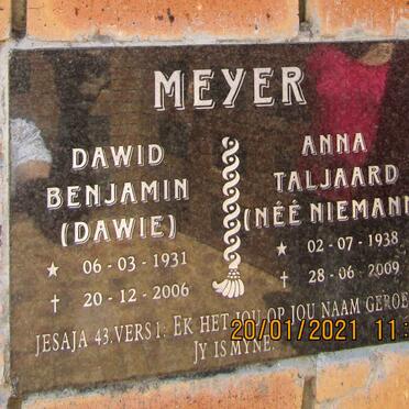 MEYER David Benjamin 1931-2006 &amp; Anna Taljaard NIEMANN 1938-2009