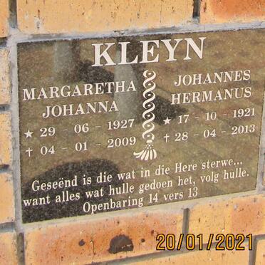 KLEYN Johannes Hermanus 1921-2013 &amp; Margaretha Johanna 1927-2009