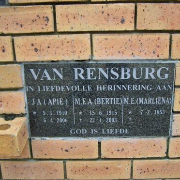 RENSBURG J.A., van 1919-2006 &amp; M.E.A. 1915-2003 :: VAN RENSBURG  M.E. 1953-