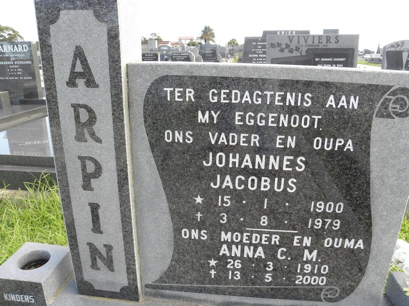 ARPIN Johannes Jacobus 1900-1979 &amp; Anna C.M. 1910-2000
