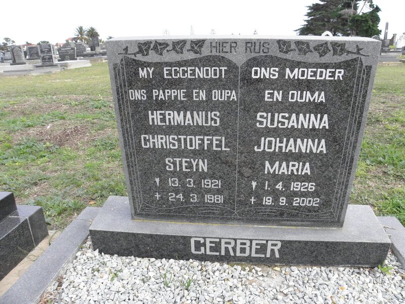 GERBER Hermanus Christoffel Steyn 1921-1981 &amp; Susanna Johanna Maria 1926-2002