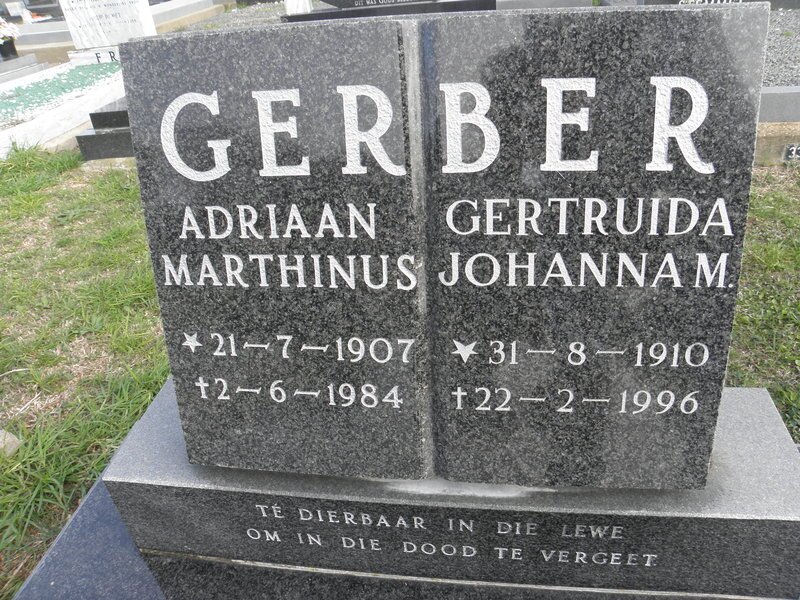 GERBER Adriaan Marthinus 1907-1984 &amp; Gertruida Johanna M. 1910-1996