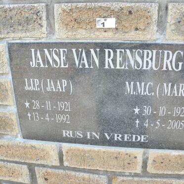 RENSBURG J.J.P., Janse van 1921-1992 &amp; M.M.C. 1922-2005
