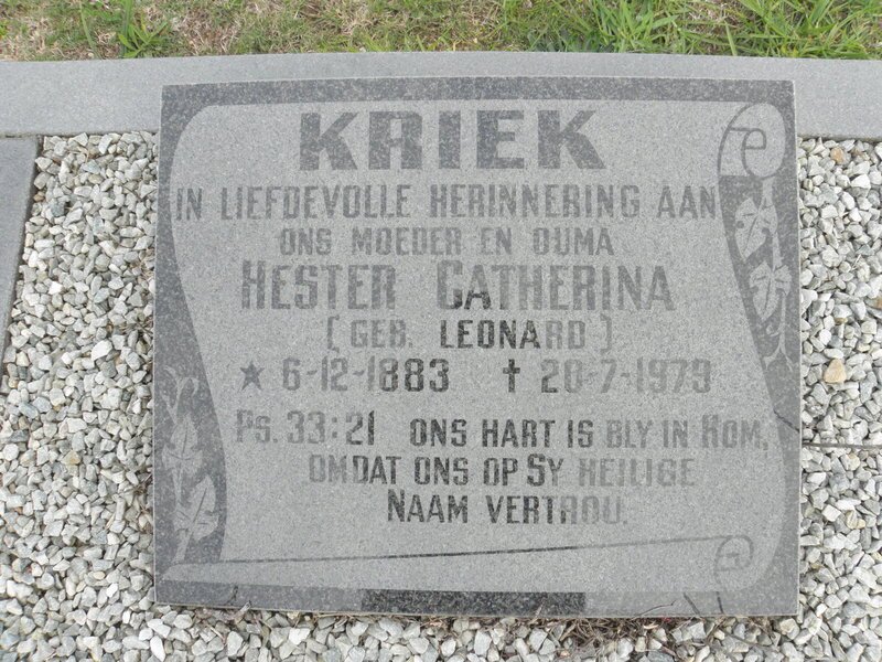 KRIEK Hester Catherina nee LEONARD 1883-1979