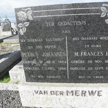 MERWE Petrus Johannes, van der 1894-1965 &amp; M. Frances H. 1899-1982