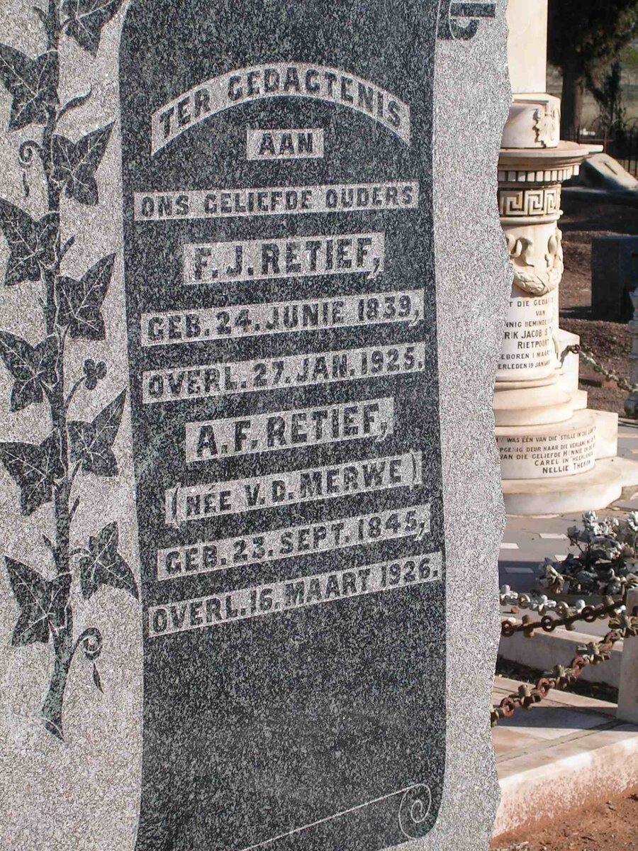 RETIEF F.J. 1839-1925 &amp; A.F. V.D. MERWE 1845-1926