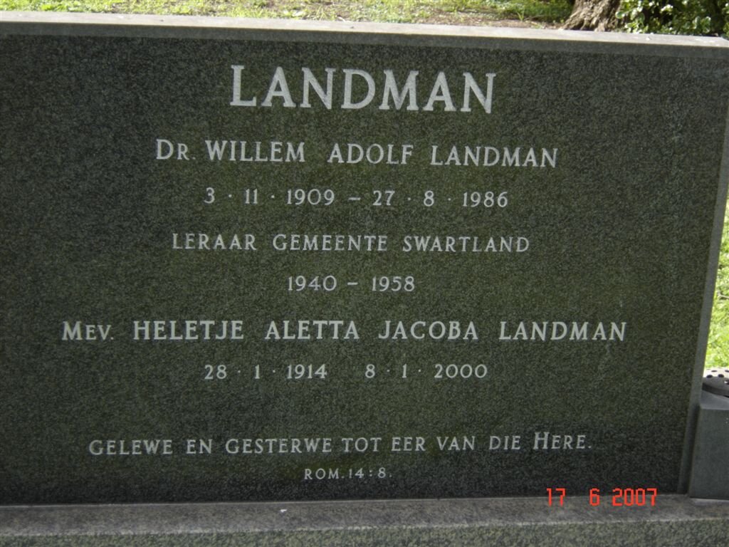 LANDMAN Willem Adolf 1909-1986 &amp; Heletjie Aletta Jacoba 1914-2000