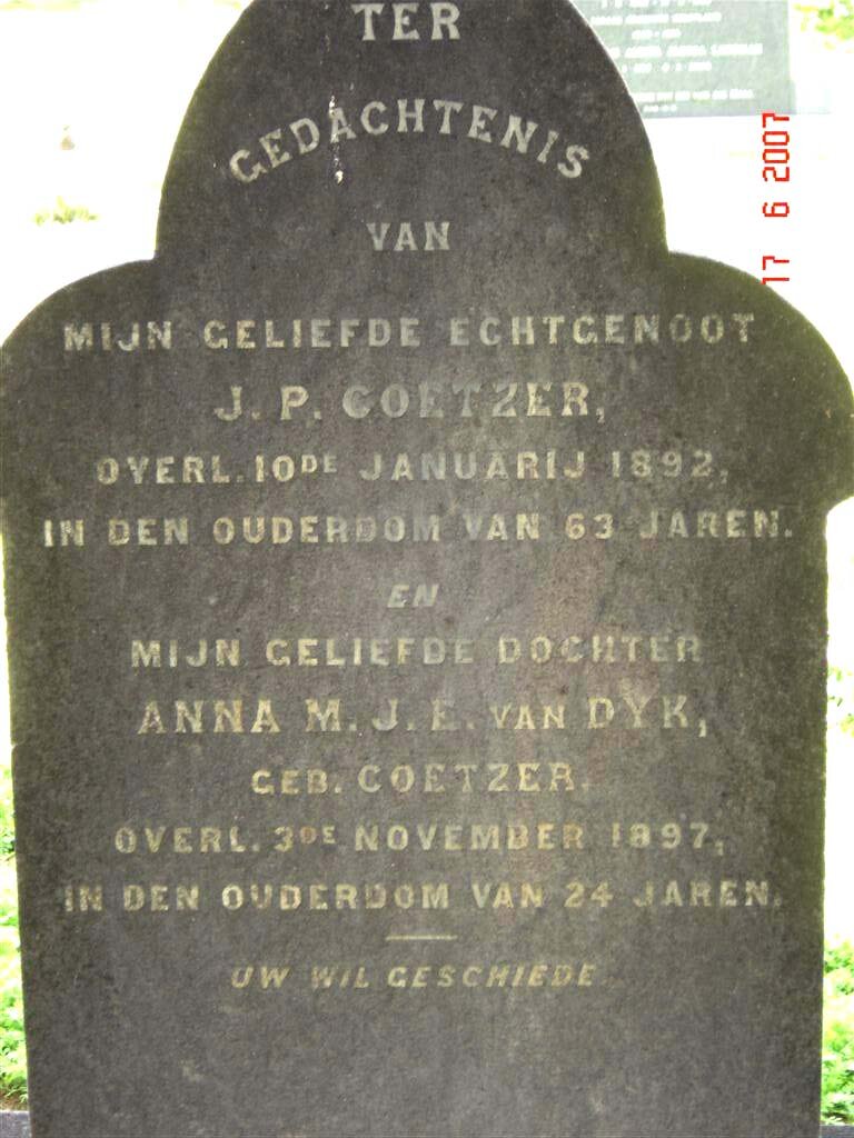 COETZER J.P. -1892 :: VAN DYK  Anna M.J.E. nee COETZER -1897
