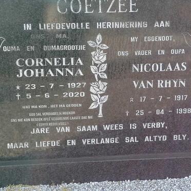COETZEE Nicolaas van Rhyn 1917-1998 &amp; Cornelia Johanna 1927-2020