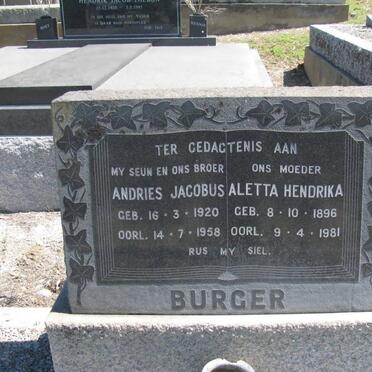 BURGER Andries Jacobus 1920-1958 :: BURGER Aletta Hendrika 1896-1981