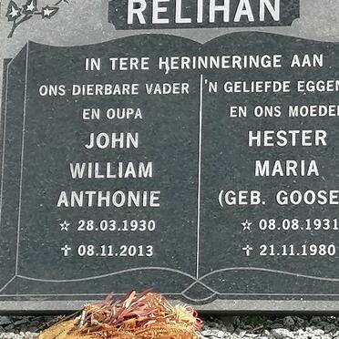 RELIHAN John William Anthonie 1930-2013 &amp; Hester Maria GOOSEN 1931-1980