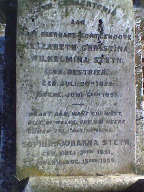 STEYN Elizabeth Christina Wilhelmina nee BESTBIER 1829-1897:: STEYN Sophia Johanna 1851-1899