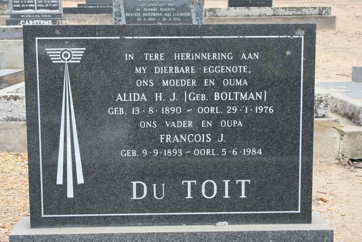 TOIT Francois J., du 1893-1984 &amp; Alida H.J. BOLTMAN 1890-1976