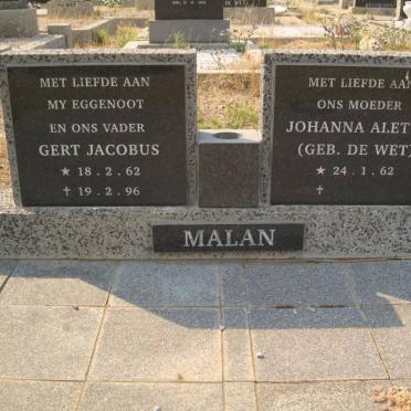 MALAN Gert Jacobus 1962-1996 &amp; Johanna Aletta DE WET 1962-