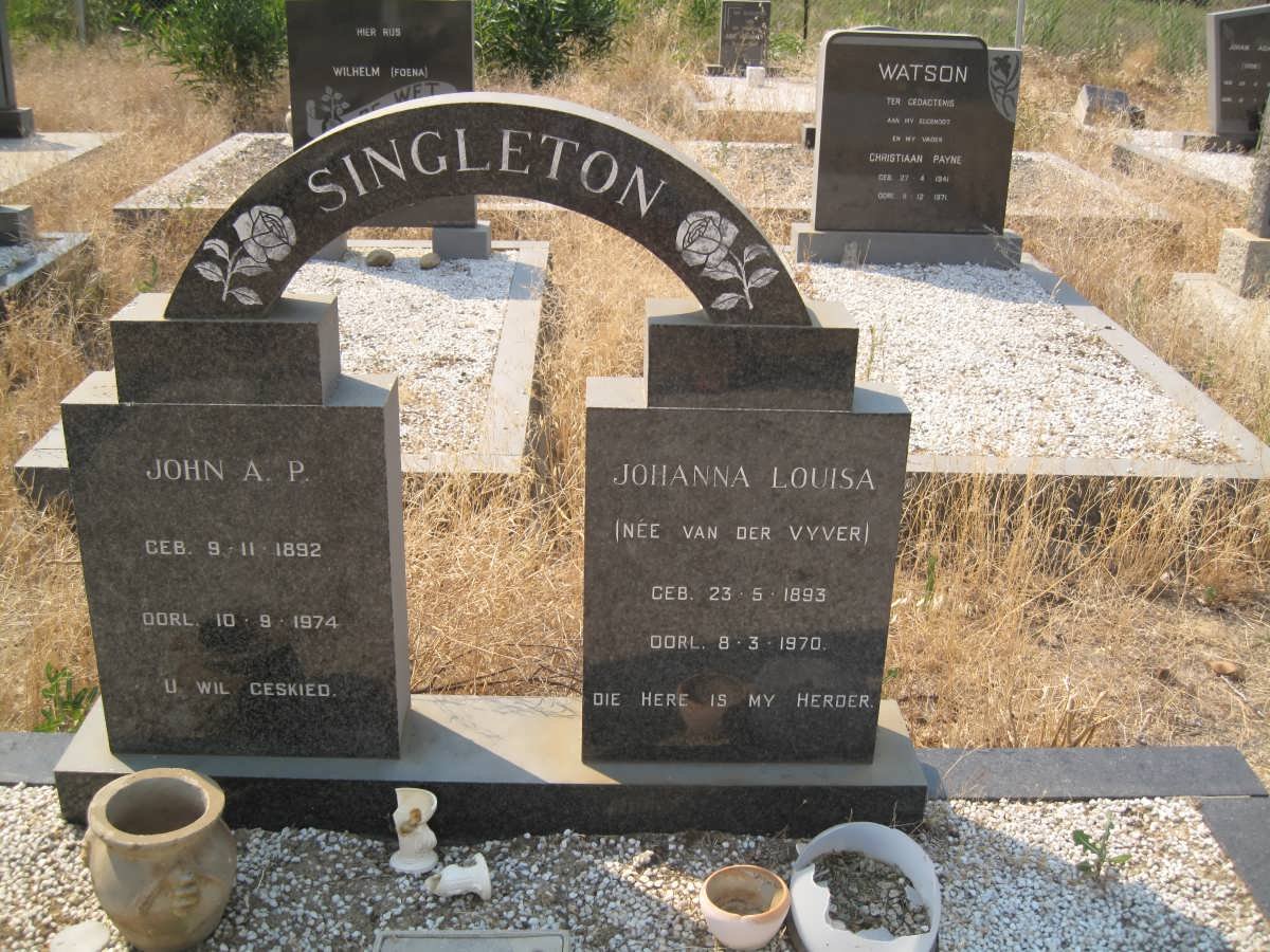 SINGLETON John A.P 1892-1974 &amp; Johanna Louisa VAN DER VYVER 1893-1970