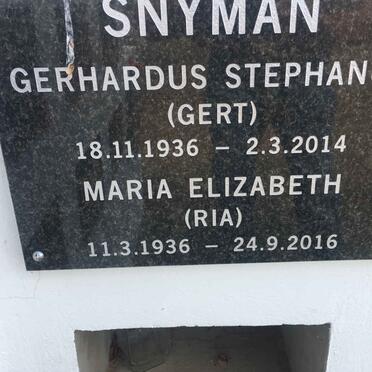 SNYMAN Gerhardus Stephanus 1936-2014 &amp; Maria Elizabeth 1936-2016