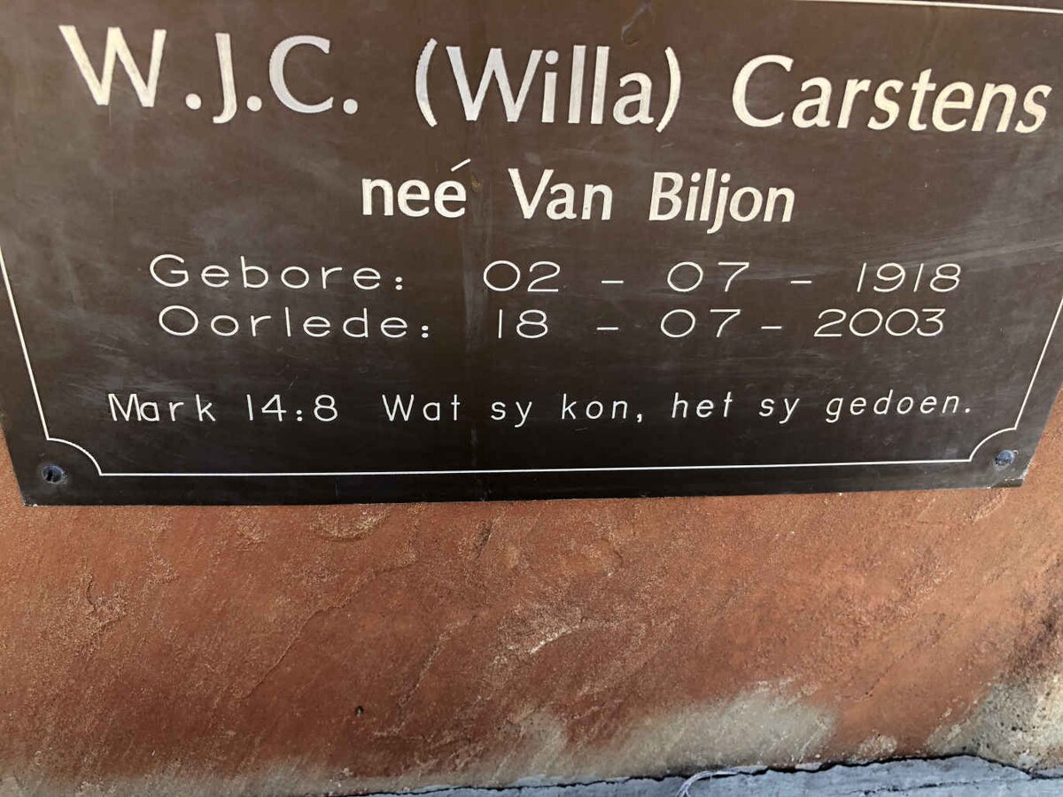CARSTENS W.J.C. nee VAN BILJON 1918-2003
