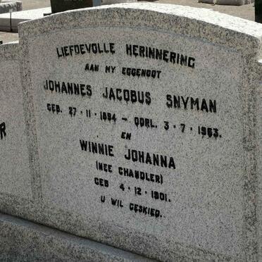 SNYMAN Johannes Jacobus 1894-1963 &amp; Winnie Johanna CHANDLER 1901-