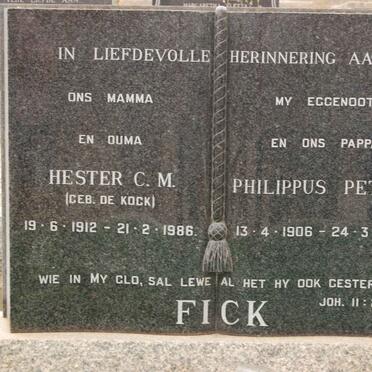 FICK Philippus Petrus 1906-1971 &amp; Hester C.M. DE KOCK 1912-1986