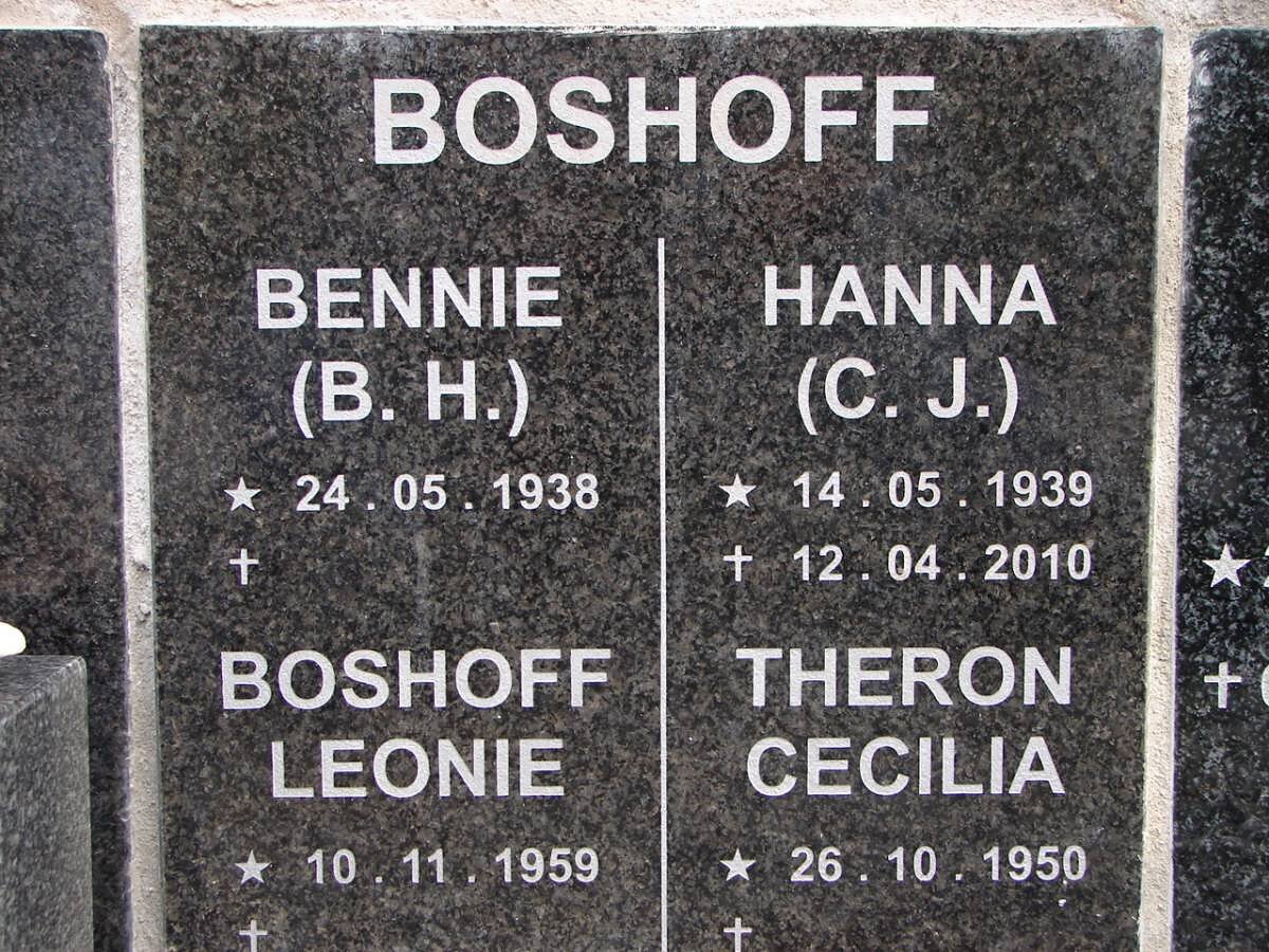BOSHOFF B.H. 1938- :: BOSHOFF C.J. 1939-2010 :: BOSHOFF Leonie 1959- :: THERON Cecilia 1950-