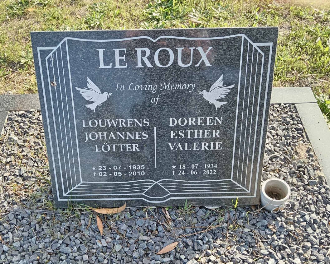 ROUX Louwrens Johannes Lotter, le 1935-2010 & Doreen Esther Valerie 1934-2022