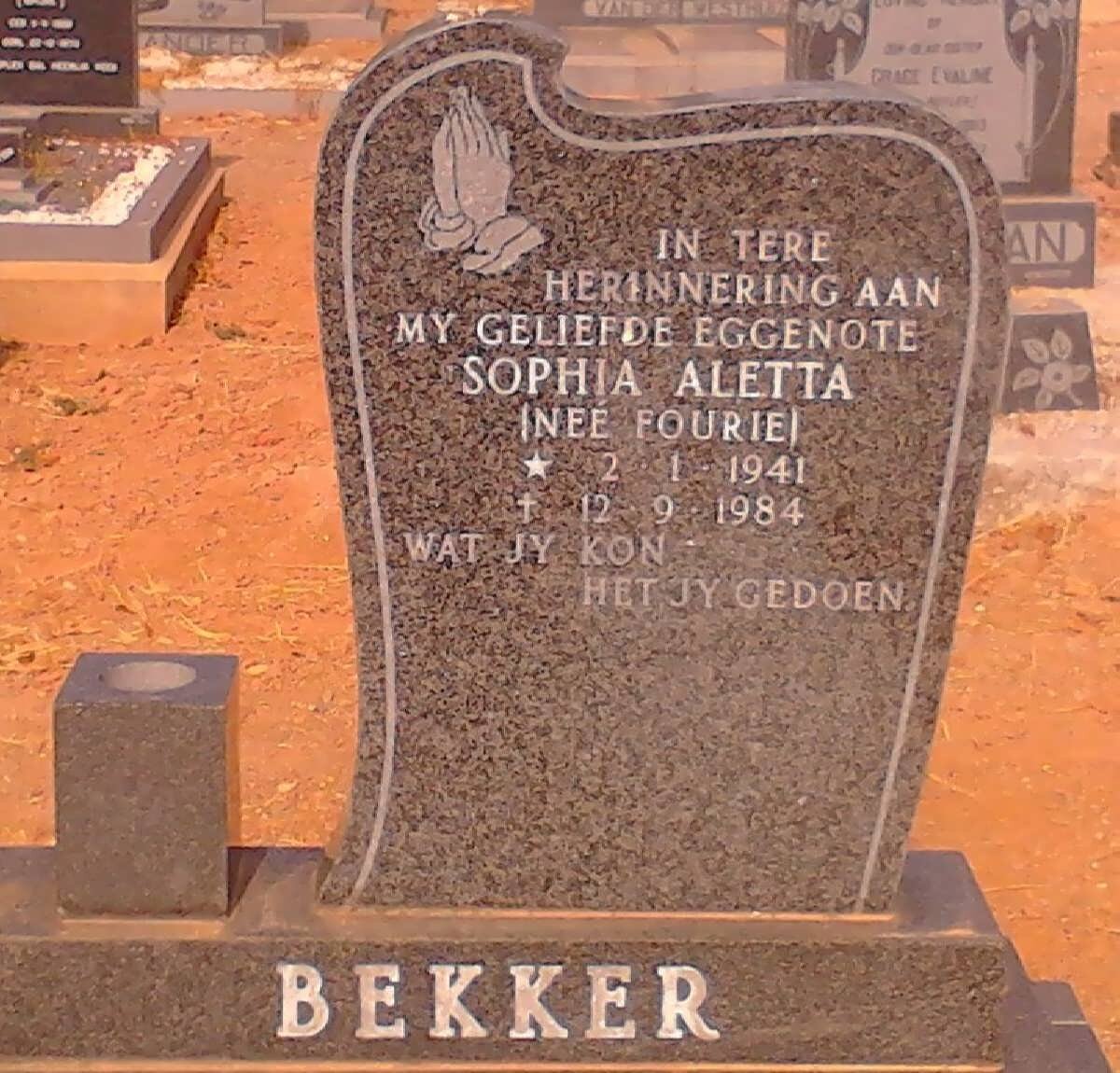 BEKKER Sophia Aletta nee FOURIE1941-1984