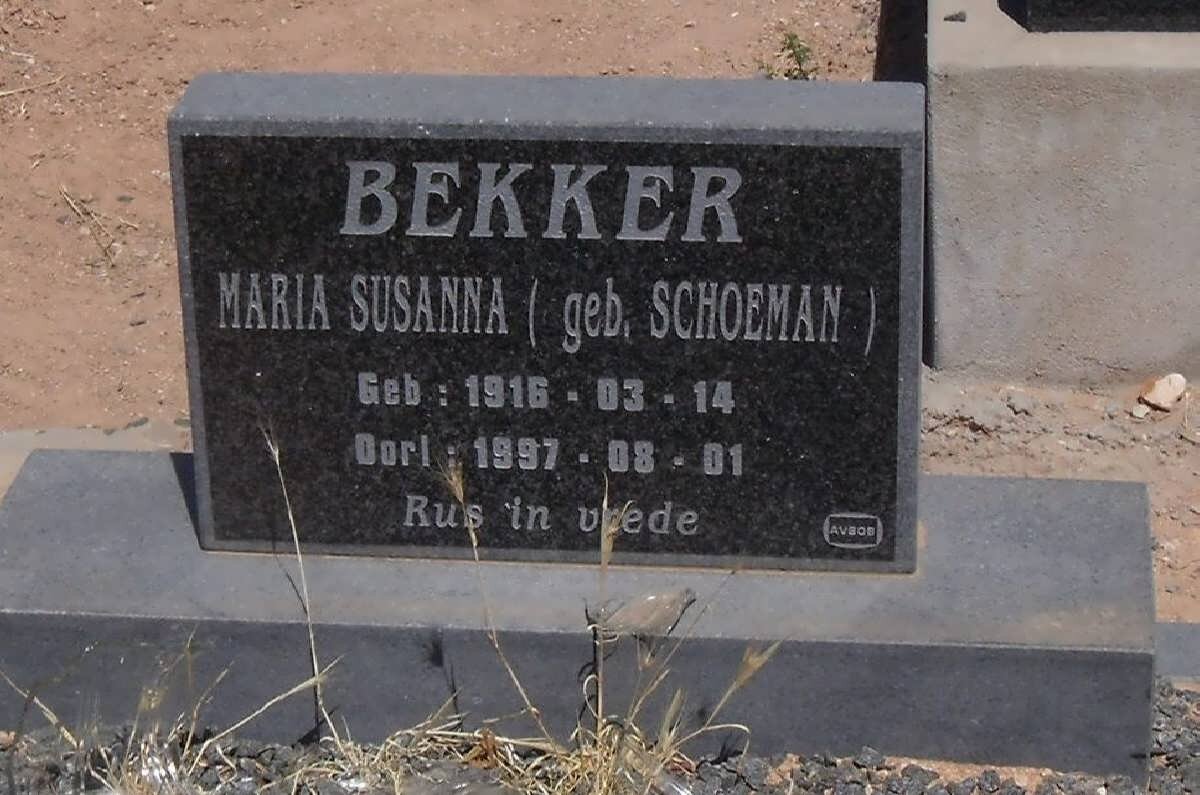 BEKKER Maria Susanna nee SCHOEMAN 1916-1997