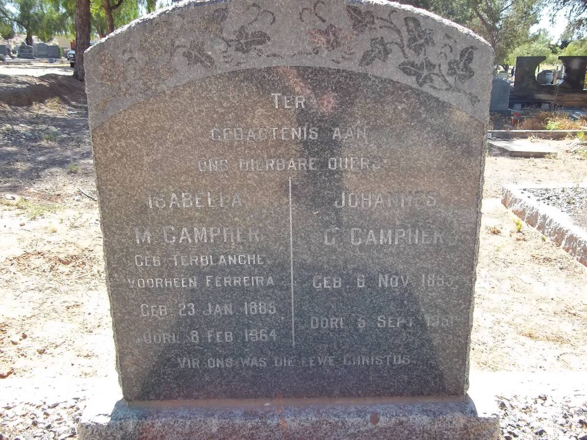 CAMPHER Johannes G. 1893-1951 &amp; Isabella M. TERBLANCHE voorheen FERREIRA 1885-1964