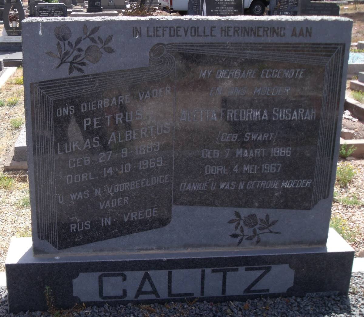 CALITZ Petrus Lukas Albertus 1883-1969 &amp; Aletta Fredrika Susarah SWART 1886-1967