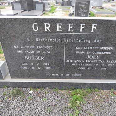 GREEFF Burger 1921-1989 & Johanna Francina Jacoba LE ROUX 1927-2018