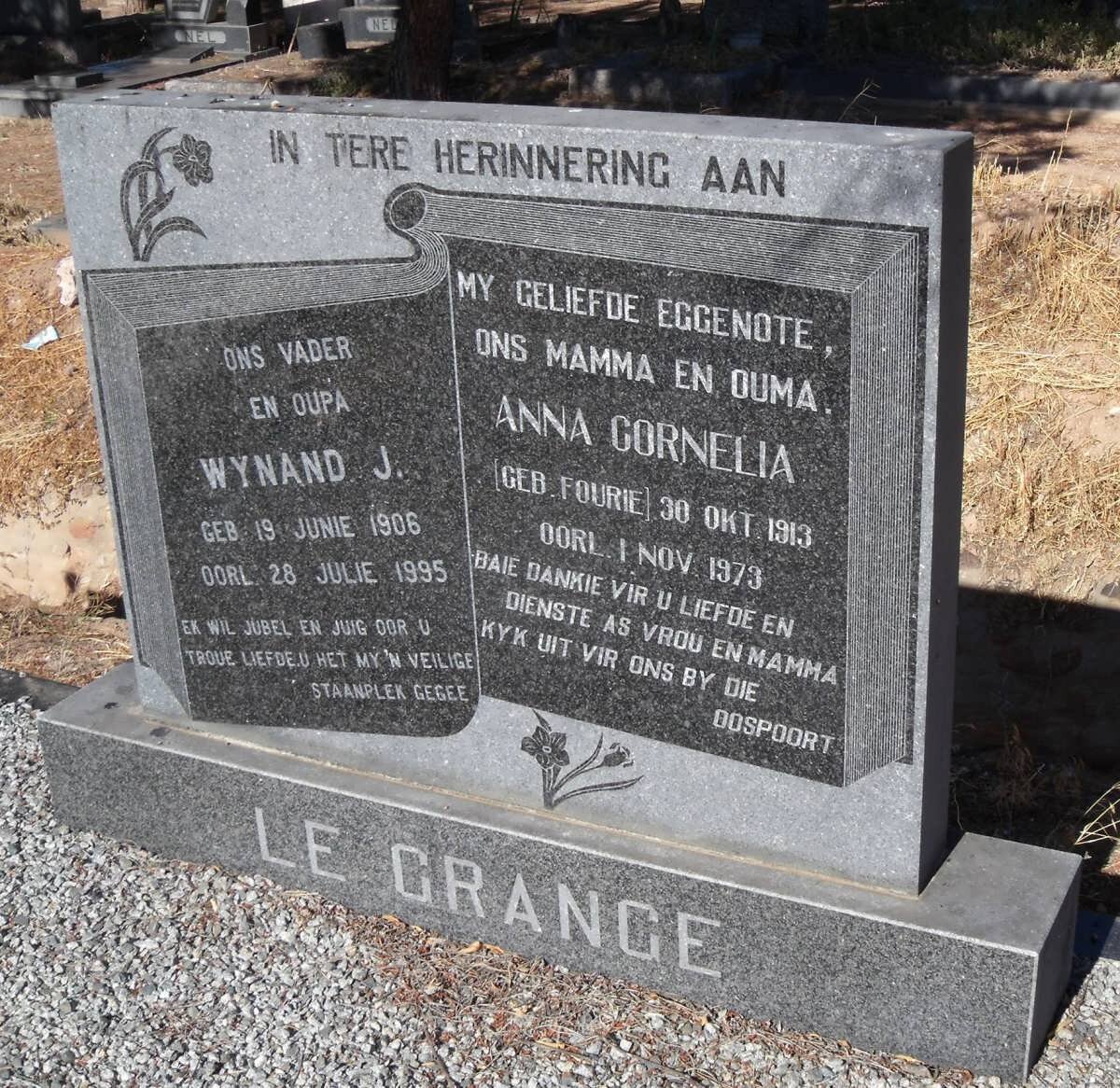 GRANGE Wynand J., le 1906-1995 &amp; Anna Cornelia FOURIE 1913-1973