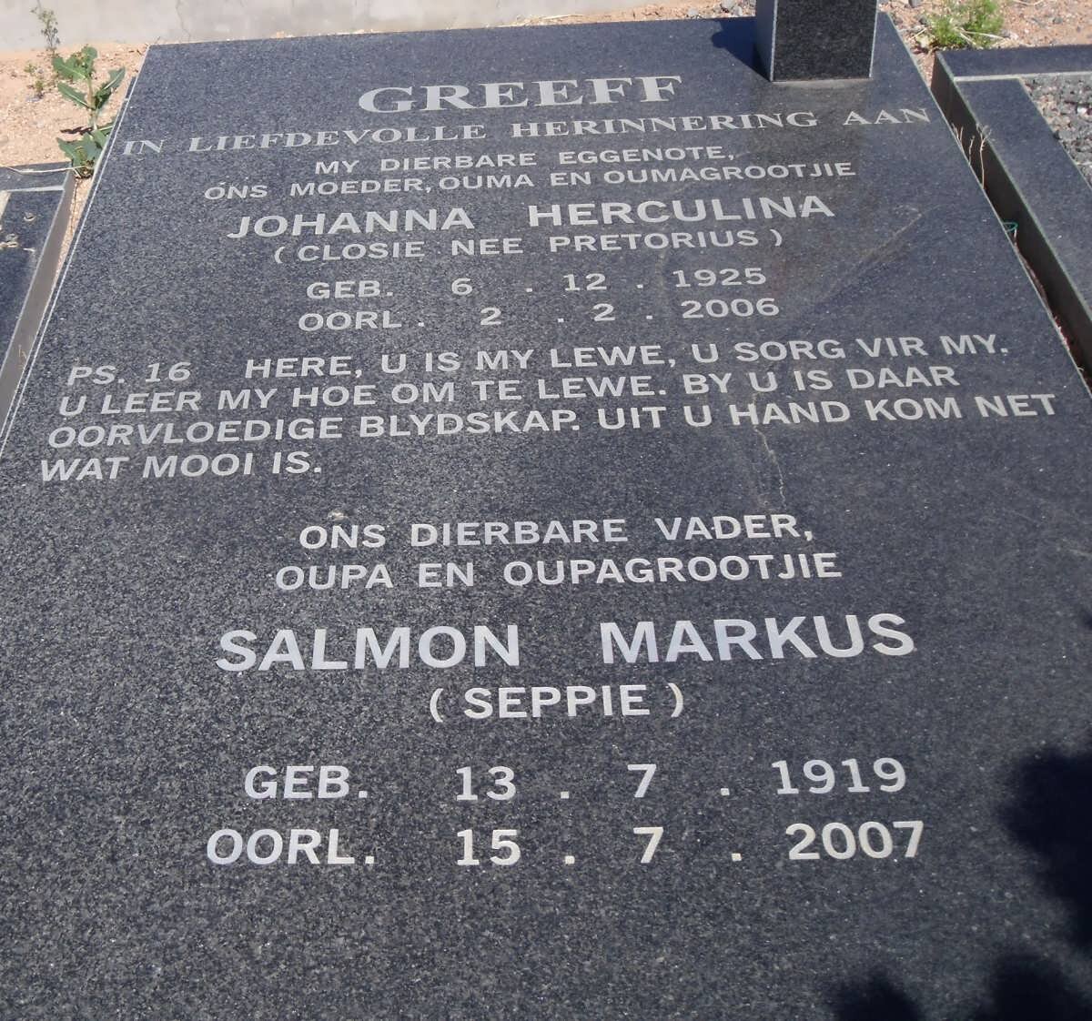 GREEFF Salmon Markus 1919-2007 &amp; Johanna Herculina PRETORIUS 1925-2006