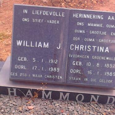 HAMMOND William J. 1912-1989 &amp; Christina S. GROENEWALD 1982-1989